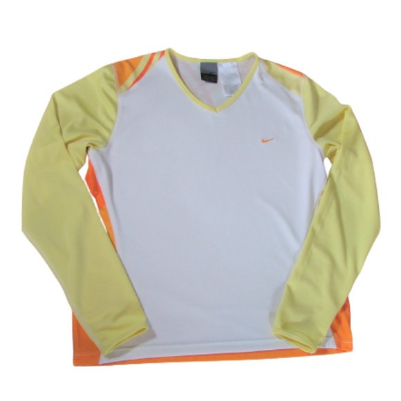 Nike Dri Fit Shirt Long Sleeve White Yellow Orange Small Women Athletic - Picture 1 of 5